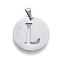Non-Tarnish 201 Stainless Steel Pendants, Flat Round with Letter, Stainless Steel Color, Letter L, 20x1.3mm, Hole: 4x3mm