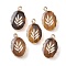 Natural Tiger Eye Oval Pendants, Golden Plated Brass Oval Charms with Leaf, 22~22.5x13~13.5x4.5mm, Hole: 1.6~1.8mm