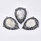 Dyed Natural Druzy Quartz Chandelier Components Links, with Gunmetal Iron Loop, Polymer Clay Rhinestones & PU Leather, Teardrop, WhiteSmoke, 49~50x34~35x10~15mm, Hole: 2mm