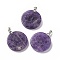 Natural Amethyst Pendants, Flat Round Charms with Chakra Theme Pattern, with Rack Plating Platinum Tone Brass Findings, Cadmium Free & Lead Free, 30x4~8mm, Hole: 4x4mm