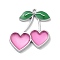 Alloy Enamel Pendants, Heart Cherry Charm, Platinum, Hot Pink, 32x28x2mm, Hole: 1.6mm