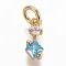 Brass Micro Pave Cubic Zirconia Charms, Arrow, Golden, Deep Sky Blue, 10x4x3mm, Hole: 3mm