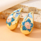 Elegant Teardrop with Flower Pattern Alloy Stud Earrings, Blue, 33x18mm