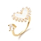 Clear Cubic Zirconia Heart Open Cuff Ring with Shell, Brass Jewelry for Women, Cadmium Free & Lead Free, Real 18K Gold Plated, US Size 9(18.9mm)