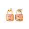 304 Stainless Steel with Crystal Rhinestone Enamel Pendants, Lock with Word Love, Ion Plating(IP), Golden, with Jump Ring, Pink, 16x10x4.5mm, Hole: 3.5mm