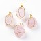 Natural Rose Quartz Big Pendants, with Golden Plated Brass Wire, Nuggets, 40~58x19~30mm, Hole: 7x9mm