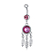Piercing Jewelry, Brass Cubic Zirconia Navel Ring, Belly Rings, with 304 Stainless Steel Bar, Lead Free & Cadmium Free, Flat Round with Leaf, Fuchsia, Platinum, 63x16mm, Bar Length: 3/8