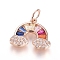Brass Micro Pave Cubic Zirconia Pendants, with Jump Ring, Long-Lasting Plated, Rainbow, Colorful, Real Rose Gold Plated, 11.5x14x2mm, Hole: 3.5mm