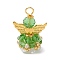 Glass Pendants, Angle, with Alloy Wing Beads & Iron Loop, Faceted, Lawn Green, 30x21.5x16mm, Hole: 2.2~3.6mm