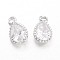 Teardrop Brass Cubic Zirconia Charms, Platinum, 12x7x3.5mm, Hole: 1.5mm