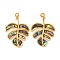 304 Stainless Steel Pave Natural Shell Pendants, Leaf Charms, with Jump Rings, Real 18K Gold Plated, Ion Plating(IP), 27x19x3mm, Hole: 2.5mm
