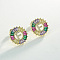 Brass Colorful Cubic Zirconia Stud Earrings, Flat Round, Golden, Letter F, 16x16mm