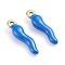Ion Plating(IP) 304 Stainless Steel Pendants, Enamelled Sequins, Horn of Plenty/Italian Horn Cornicello Charms, Golden, Blue, 17.5x4.5x3.5mm, Hole: 1mm