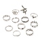 Zinc Alloy Finger Ring Sets, Hollow, Flower & Leaf & Snake & Rose & Star & Wave, Antique Silver, 1~15.5mm, Inner Diameter: 16.7~18.1mm, 11pcs/set