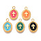 304 Stainless Steel Pendants, with Enamel, Real 14K Gold Plated, Oval with Cross Charm, Ion Plating(IP), Mixed Color, 19x12x2mm, Hole: 2.2mm