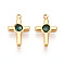 Ion Plating(IP) 304 Stainless Steel Micro Pave Cubic Zirconia Charms, Cross, Real 18K Gold Plated, Dark Green, 13x8x2.5~3mm, Hole: 1.2mm