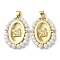 Rack Plating Brass Pendants, with Plastic Imitation Pearls, Cadmium Free & Lead Free, Oval with Angel Charm, Real 18K Gold Plated, 26x19~20x3.5mm, Hole: 3x4mm
