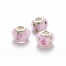 Handmade Lampwork European Beads, Large Hole Rondelle Beads, with Platinum Tone Brass Double Cores, Pearl Pink, 14~15x9~10mm, Hole: 5mm