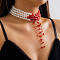 Retro Gothic Acrylic and Imitation Pearl Bloody Round Beaded Milti-strand Choker Necklaces for Women, with Rhinestone Tassel, Red, 11.81 inch(30cm)