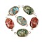 Brass Pave Natural Imperial Jasper Connector Charms, Dyed, Oval, Light Gold, 31x15.5~16x5.5~6mm, Hole: 2.5mm