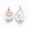 Natural Cultured Freshwater Pearl Pendants, with Brass Cubic Zirconia Findings, Nuggets with Flower, Golden, Clear, 17~26x11~16x5~11mm, Hole: 1.6~2mm
