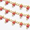 Handmade Glass Beaded Chains, Soldered, with Spool, Brass Chain, Golden, Long-Lasting Plated, Red, 6x2mm, Chain: about 2mm wide, about 32.8 Feet(10m)/roll