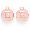 Golden Plated Alloy Enamel Charms, Cadmium Free & Lead Free, Enamelled Sequins, Flat Round with Letter, Pink, Letter.E, 14x12x2mm, Hole: 1.5mm