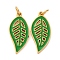 304 Stainless Steel Enamel Pendants, Leaf Charm, with Jump Ring, Ion Plating(IP), Real 18K Gold Plated, Dark Green, 17x8x1.5mm, Hole: 2.5mm