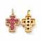 Brass Micro Pave Clear Cubic Zirconia Pendants, Cadmium Free & Lead Free, Cross, Religion, Cerise, 24x17x5mm, Hole: 3.5x5~5.5mm
