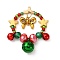 Glass Seed Beaded Christams Wreath Pendants, with 304 Stainless Steel Pendants and Alloy Charms & Brass Bell, Faceted, Bowknot, 41x33.5x9.5mm, Hole: 1mm