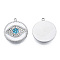 304 Stainless Steel Pendants, with Rhinestone, Flat Round with Eye, Stainless Steel Color, 19x16.5x2.5mm, Hole: 2mm