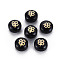 Handmade Lampwork Beads, with Golden Plated Brass Etched Metal Embellishments, Flat Round with Clover, Black, 8x5~6mm, Hole: 0.8mm