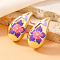 Elegant Teardrop with Flower Pattern Alloy Stud Earrings, Purple, 33x18mm