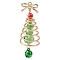 Glass & Alloy Pendants, with Brass Bell & Golden Copper Wire, Christmas Tree & Bowknot, Green, 44x15x15mm, Hole: 1.2mm