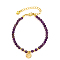 Natural Gemstone Beads Stretch Bracelets, Flat Round with Word Love Charm Bracelets for Women, with Brass Beads, Purple, 6-1/4 inch(16cm)