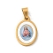 Ion Plating(IP) 304 Stainless Steel Pendants, with Pave Shell, Oval with Saint Charm, Golden, Light Sky Blue, 21x14x3mm, Hole: 6x3mm