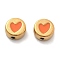 Ion Plating(IP) 304 Stainless Steel Beads, with Enamel, Real 18K Gold Plated, Flat Round with Heart, Light Salmon, 10x4.5mm, Hole: 1.6mm