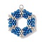 Glass Seed Beaded Pendants, with 304 Stainless Steel Jump Rings, Hexagon Charm, Steel Blue, 28x25x5mm, Hole: 2.5mm