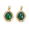 Brass Pave Clear Cubic Zirconia Pendants, Dyed Natural Green Agate Oval Charms, Real 18K Gold Plated, 18.5x14.5x6mm, Hole: 2.7x4mm