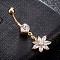 Brass Cubic Zirconia Navel Ring, Belly Rings, with 304 Stainless Steel Bar, Cadmium Free & Lead Free, Real 18K Gold Plated, Flower, Clear, 38x16mm, Bar: 15 Gauge(1.5mm), Bar Length: 3/8