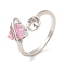 Brass with Cubic Zirconia Open Cuff Ring Components, Ring Settings, For Half-drilled Beads, Heart, Pink, US Size 7 3/4(17.9mm), Pin: 0.8mm