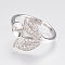 Adjustable Brass Cuff Rings, Open Rings Components, with Cubic Zirconia, For Half Drilled Beads, Leaf, Platinum, Tray: 5mm, 17.5mm, Pin: 0.6mm