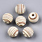 Painted Natural Wood Beads, Laser Engraved Pattern, Round with Zebra-Stripe, Light Yellow, 15.5~16.5x15mm, Hole: 4mm