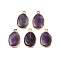 Natural Amethyst Pendants, with Light Gold Plated Brass Findings, Oval, 22~22.5x13~13.5x4.5~5mm, Hole: 1.6mm