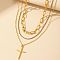 304 Stainless Steel Cross Pendant 3 Layer Necklaces for Women, Golden, 16.34~19.29 inch(41.5~49cm), 3pcs/set