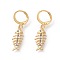 Brass Micro Pave Cubic Zirconia Dangle Hoop Earrings , Fishbone, Colorful, Golden, 36mm, Pin: 0.9mm