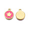 304 Stainless Steel Enamel Pendants, Real 18K Gold Plated, Flat Round with Star, Deep Pink, 19x15x2.5mm, Hole: 1.6~1.8mm
