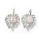 Natural Rose Quartz Pendants, Brass Leaf Charms, Platinum, Rack Plating, 31x21x7.5mm, Hole: 7.5x3.5mm