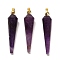 Natural Amethyst Pointed Pendants, Faceted Cone Charms with Golden Plated Barss Snap on Bails, 35~35.5x8~8.5mm, Hole: 6.5x4mm