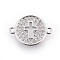 Brass Micro Pave Cubic Zirconia Links, Flat Round with Cross, Clear, Platinum, 12~12.5x17x2mm, Hole: 1mm